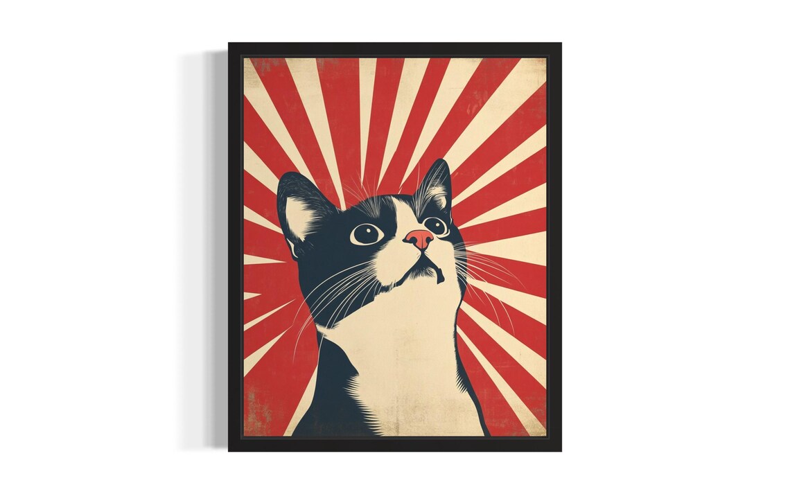 Black and White Tuxedo Cat Red Sunburst Vintage Pop Art Feline Poster