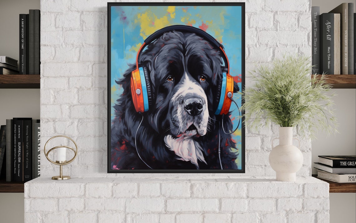 Newfoundland Dog Wearing Headphones Colorful Pop Art Portrait Poster - Image 4