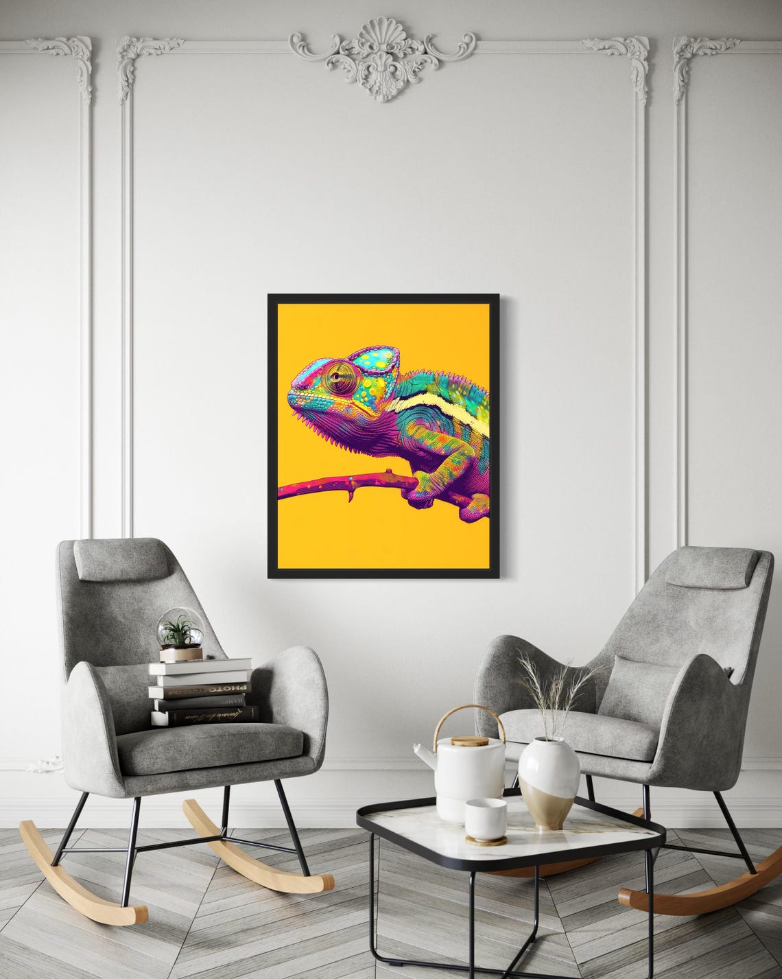 Colorful Chameleon on a Branch Against a Yellow Pop Art Poster - Image 2