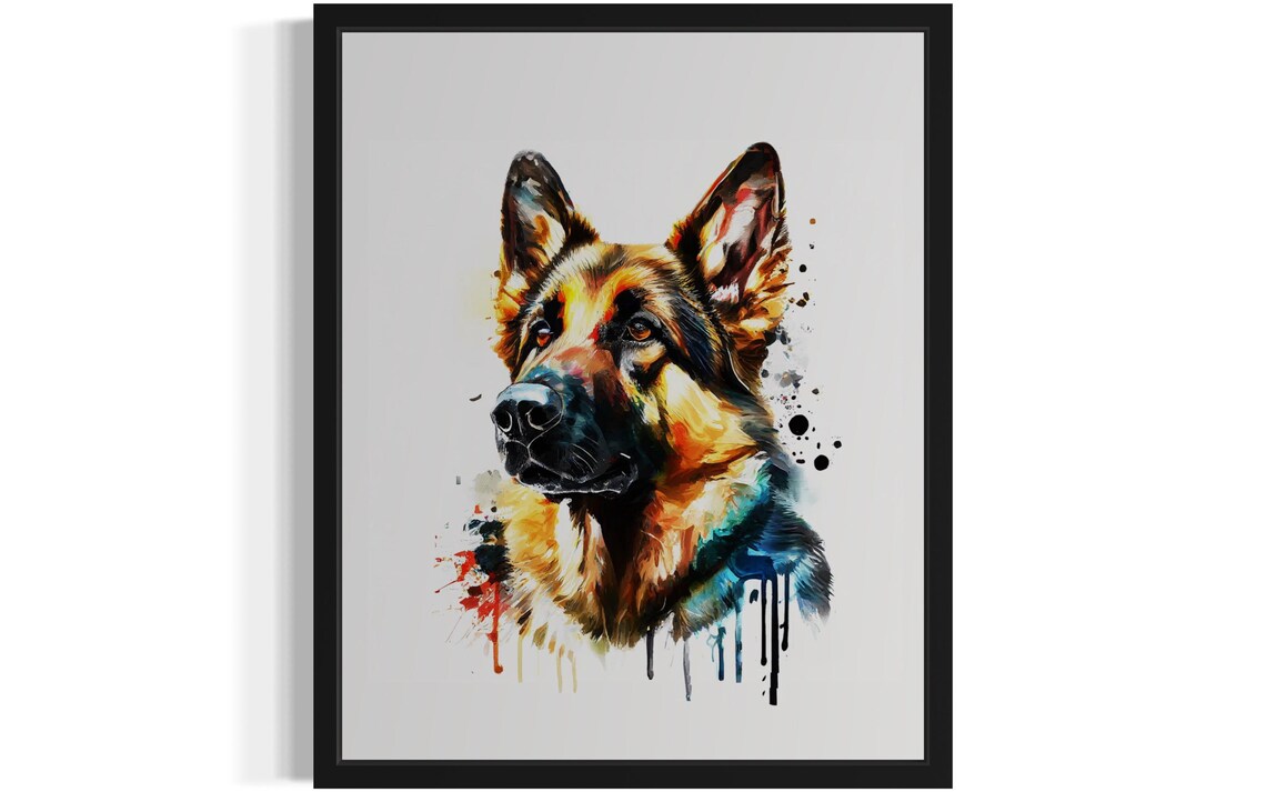 German Shepherd Paint Splash Watercolor Portrait Dog Art Poster