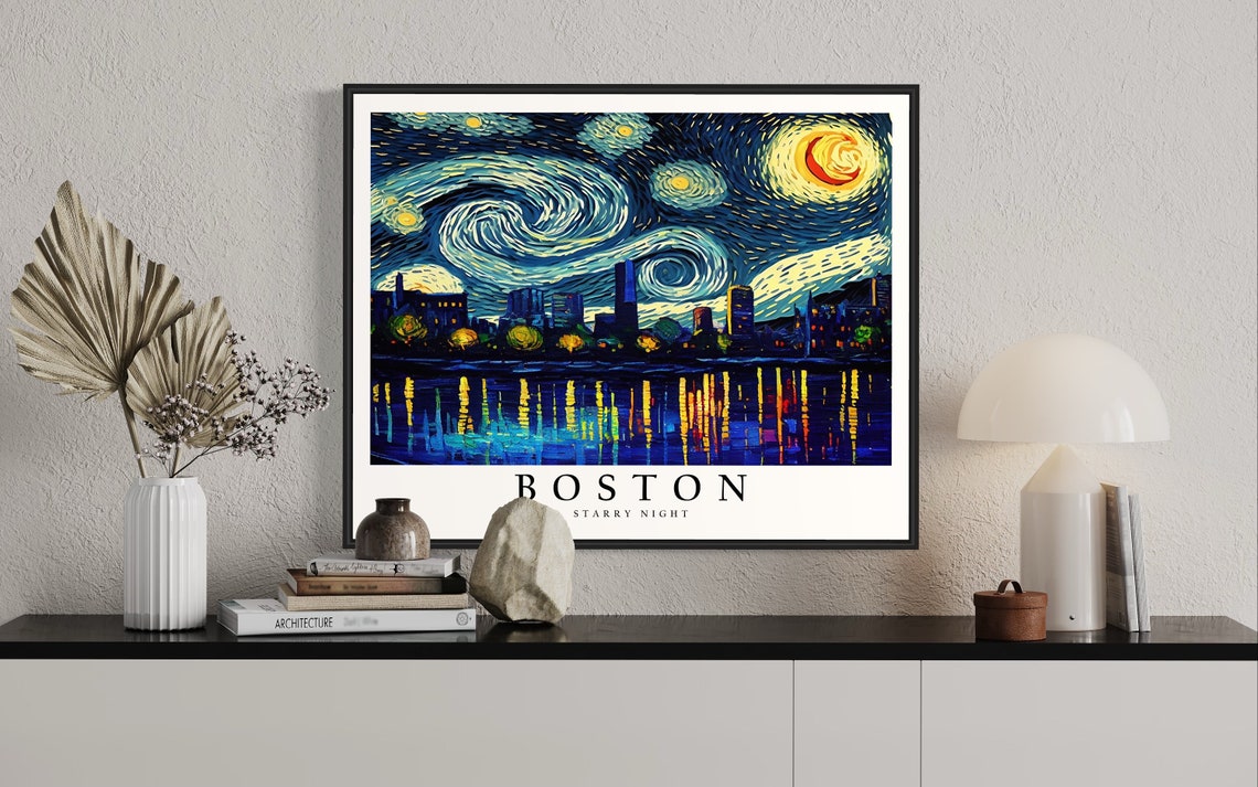 Boston Starry Night Waterfront Lights Reflection Skyline Poster - Image 2