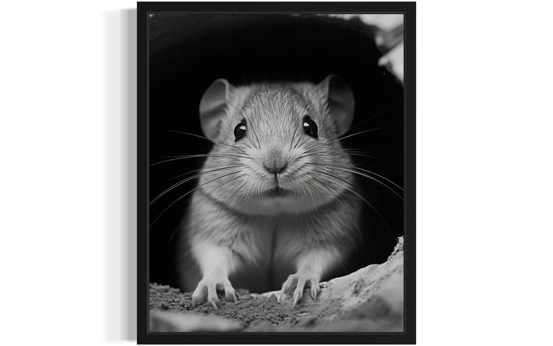 Gerbil Peeking From Burrow Black And White Photo Style Poster