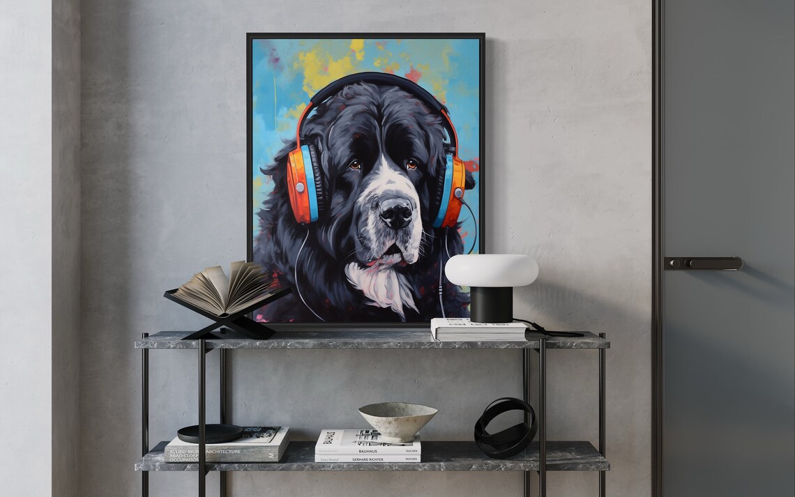 Newfoundland Dog Wearing Headphones Colorful Pop Art Portrait Poster - Image 2