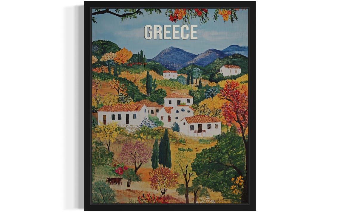 Greece Whitewashed Mountain Village Naive Folk Art Landscape Poster