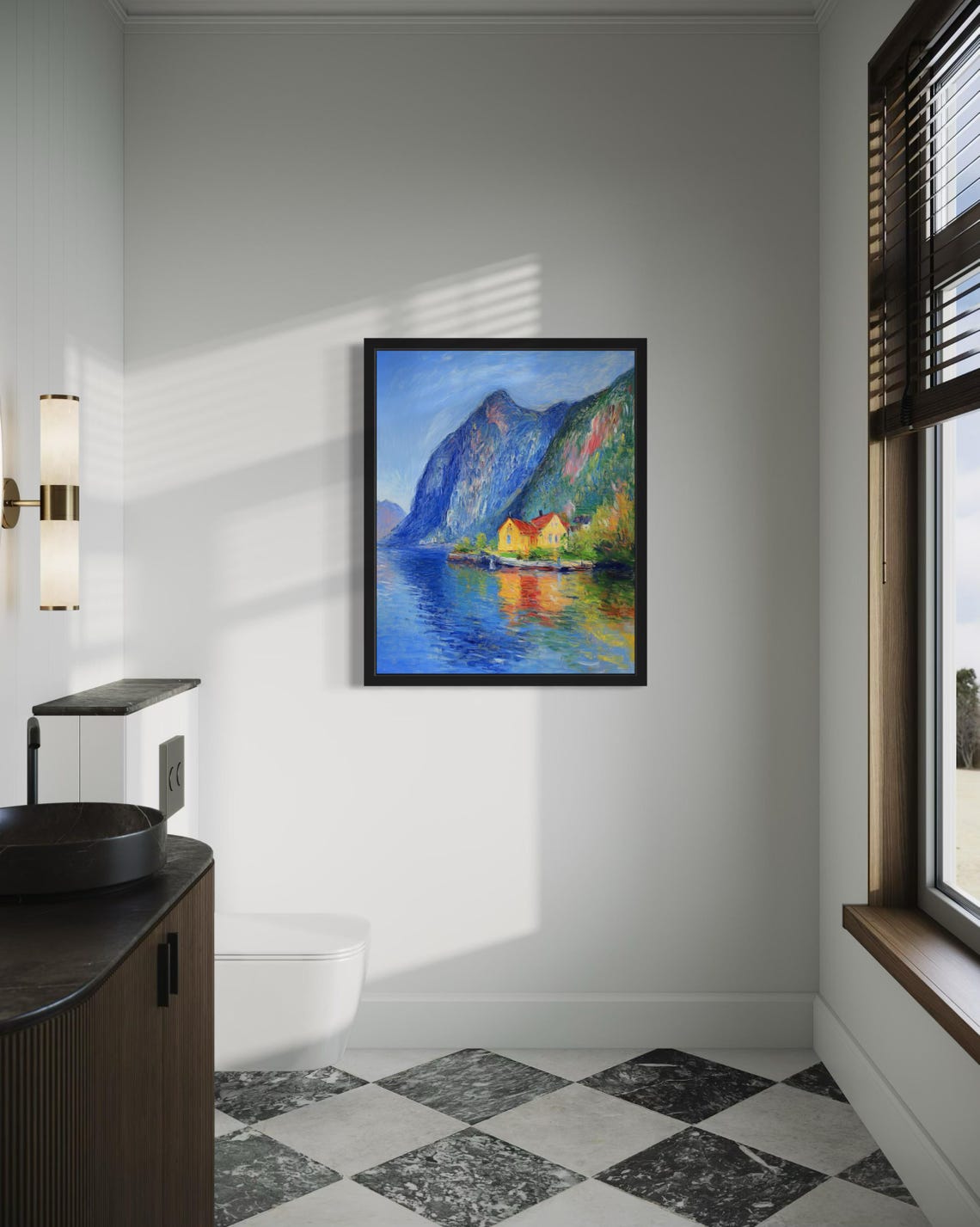 Norway Fjord Cabins Beneath Towering Mountains Monet Style Poster - Image 4