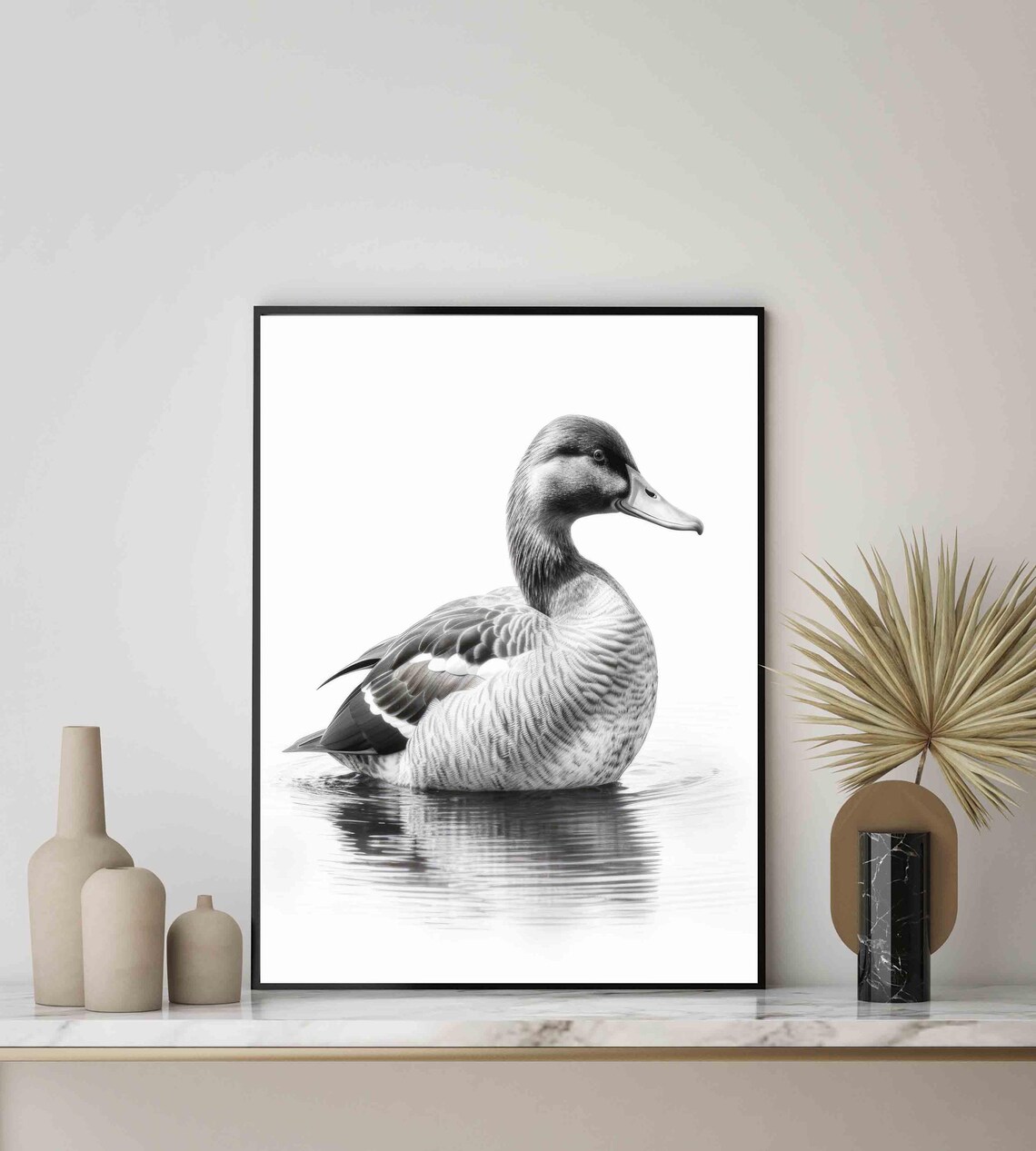 Serene Duck Swimming on Calm Water in Black and White Art Poster - Image 4