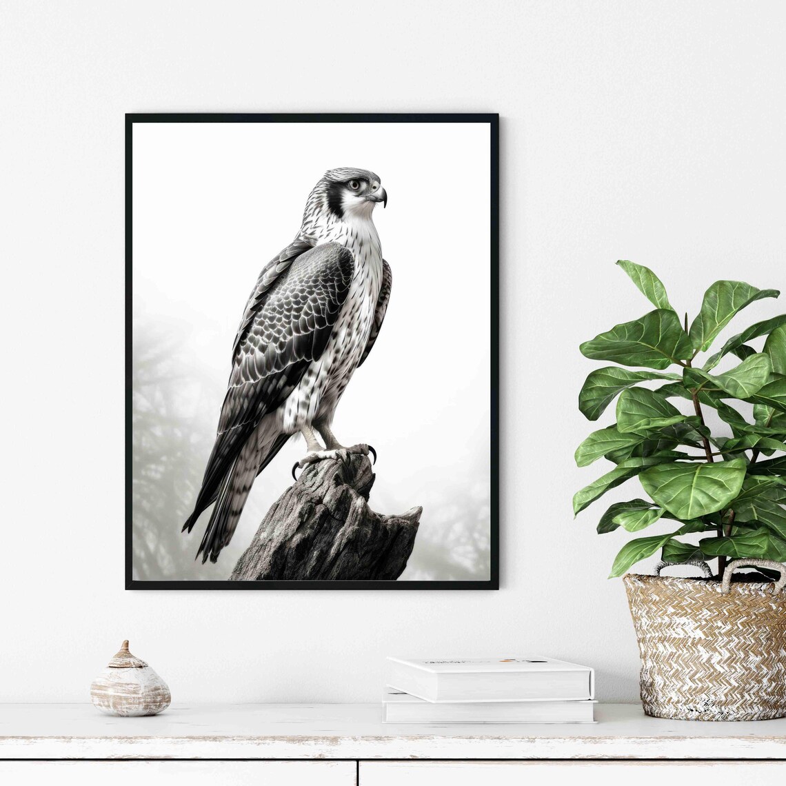 Falcon Black and White Bird of Prey Perched on Stump Portrait Poster - Image 3