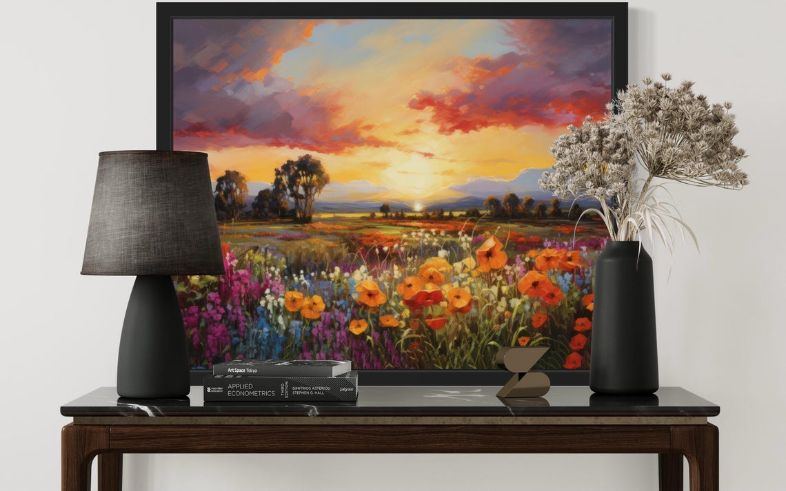 Wildflower Farm Garden Meadow Under Sunset Sky Painting Poster - Image 3