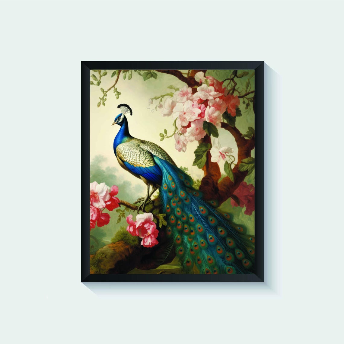 Peacock Perched High in a Flowering Tree Vintage Bird Art Poster