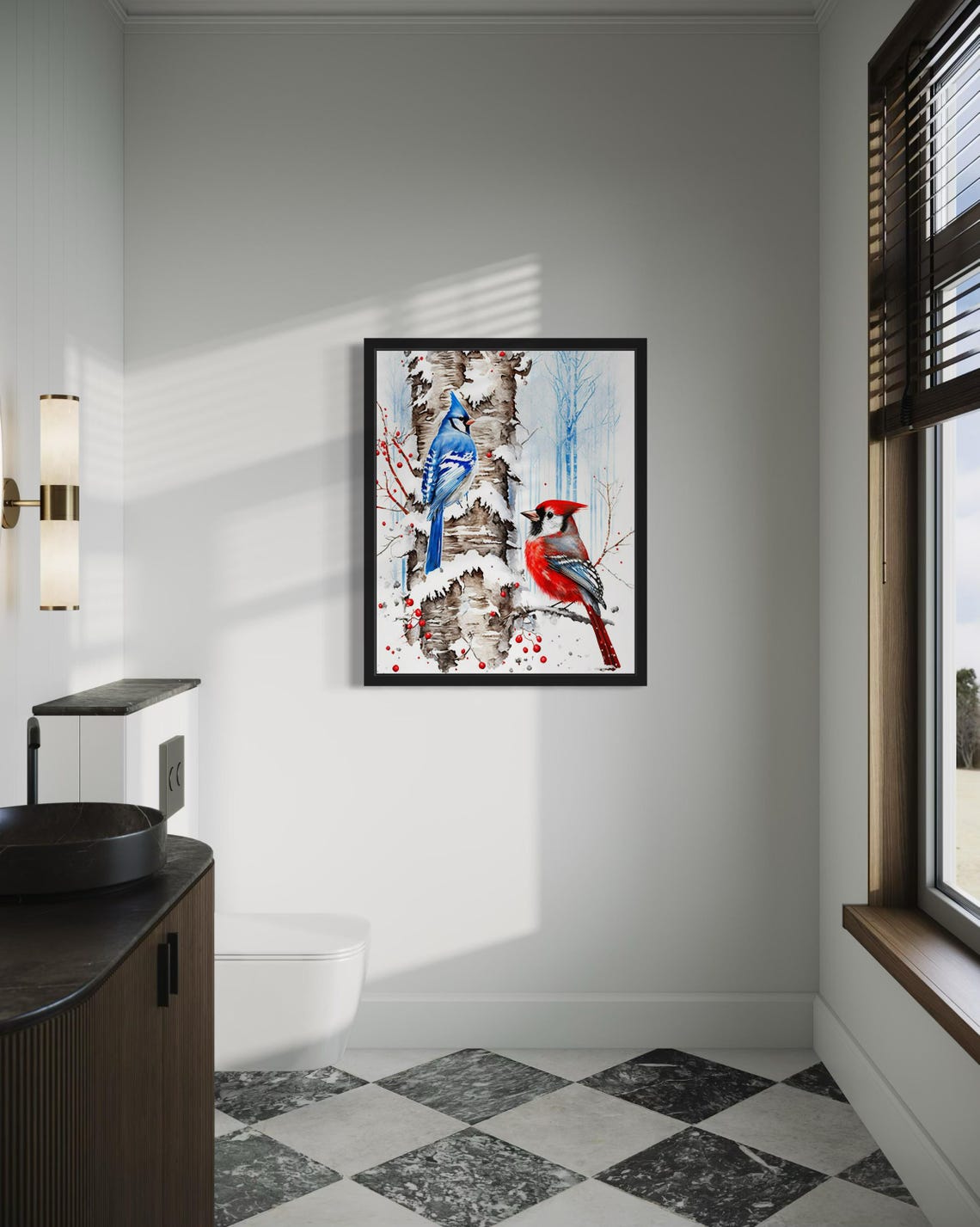 Blue Jay And Red Cardinal In Snowy Birch Forest Winter Poster - Image 2