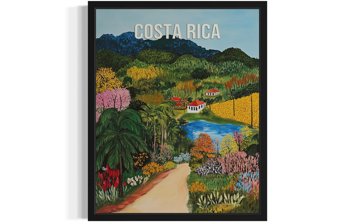 Costa Rica Lush Flower Valley Jewel Blue Lake Folk Art Poster
