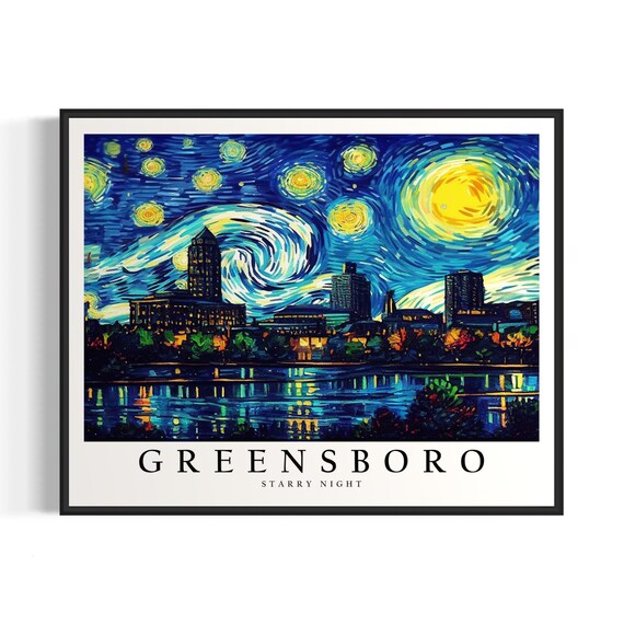 Greensboro Starry Night Skyline Lake Reflection City Night Poster