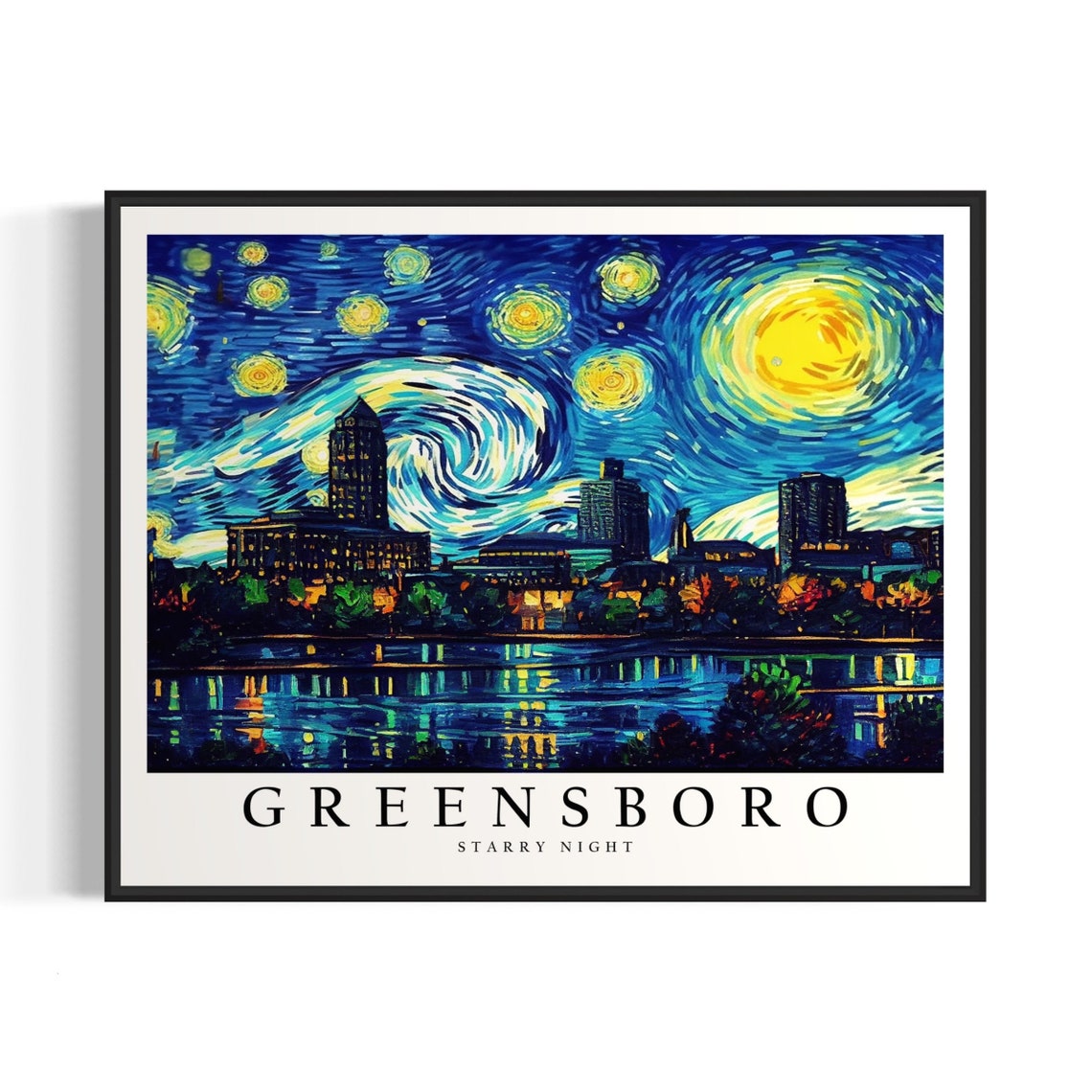 Greensboro Starry Night Skyline Lake Reflection City Night Poster