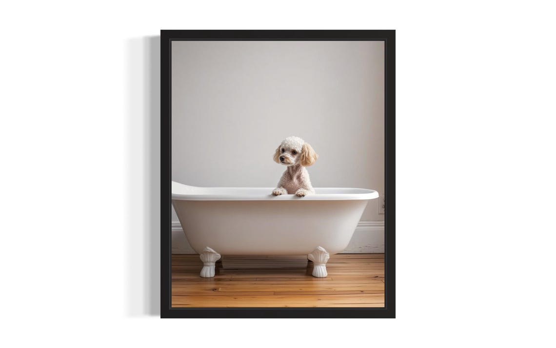 Small White Poodle Puppy in White Clawfoot Bathtub Minimal Poster