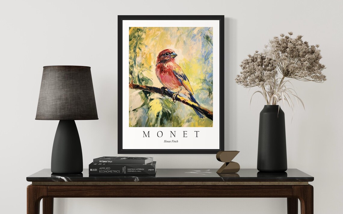 House Finch on Branch in Monet Style Impressionist Art Poster - Image 3