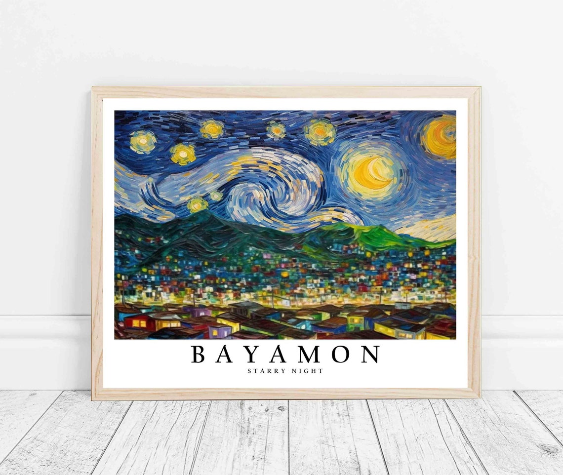 Bayamon Starry Night Hillside Town Colorful Lights View Poster - Image 3