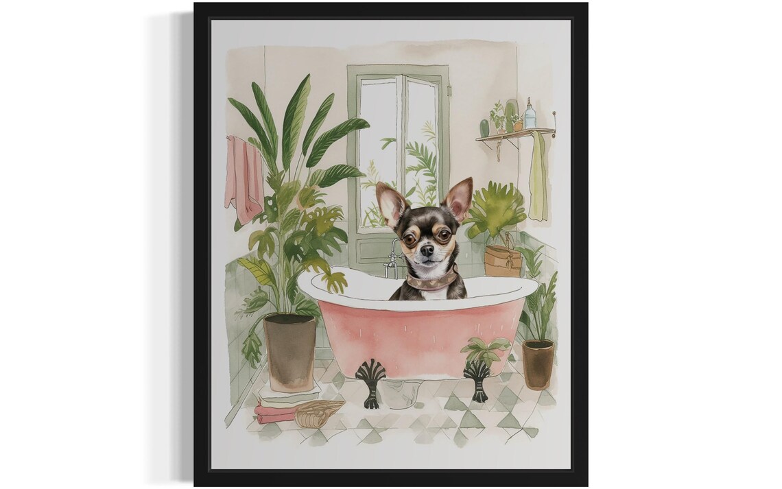Chihuahua Dog Bath Time Pink Clawfoot Tub Botanical Art Poster