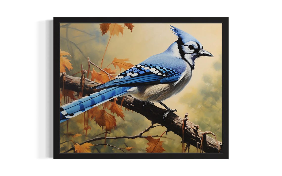 Blue Jay Perched on Autumn Branch Realistic Wildlife Bird Poster