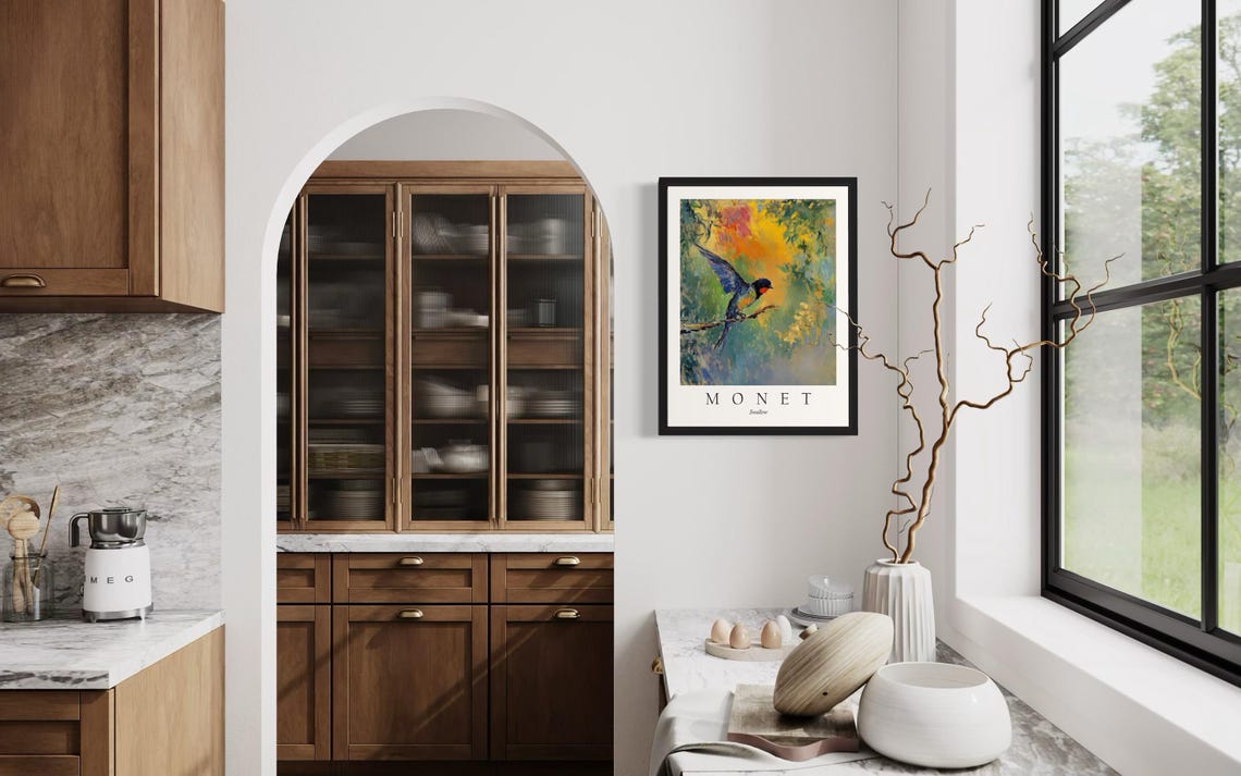 Swallow in Flight Landing on Branch Monet Style Vivid Bird Poster - Image 4