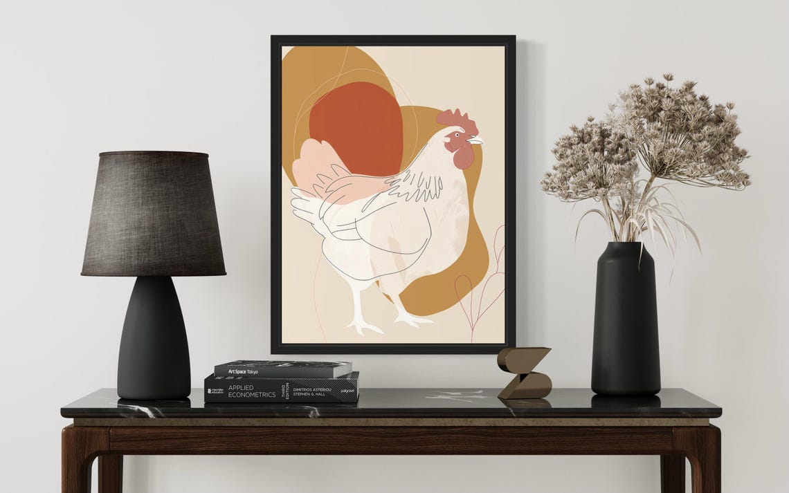 White Rooster Delicate Line Art Beige Abstract Modern Farm Poster - Image 3