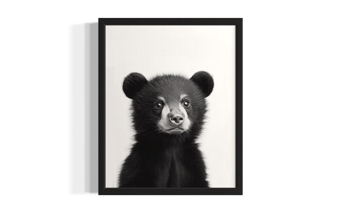 Sweet Baby Black Bear Cub Portrait Monochrome Nursery Poster
