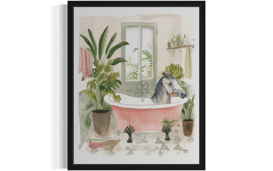 Playful Horse Relaxing in a Pink Clawfoot Bathtub Whimsical Art Poster