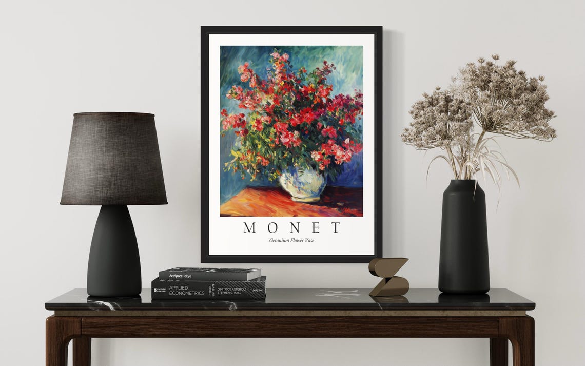 Red Geranium Bouquet in a Vase Monet Style Vibrant Floral Poster - Image 3