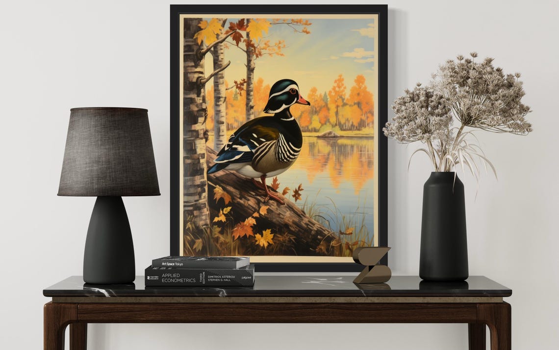 Wood Duck Resting On Autumn Log By Birch Lake Vintage Poster - Image 2
