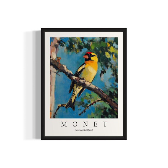 American Goldfinch Perched on Branch Monet Style Painting Poster