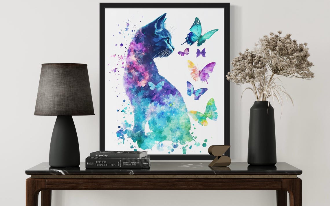 Galaxy Watercolor Cat Silhouette Surrounded by Butterflies Poster - Image 2