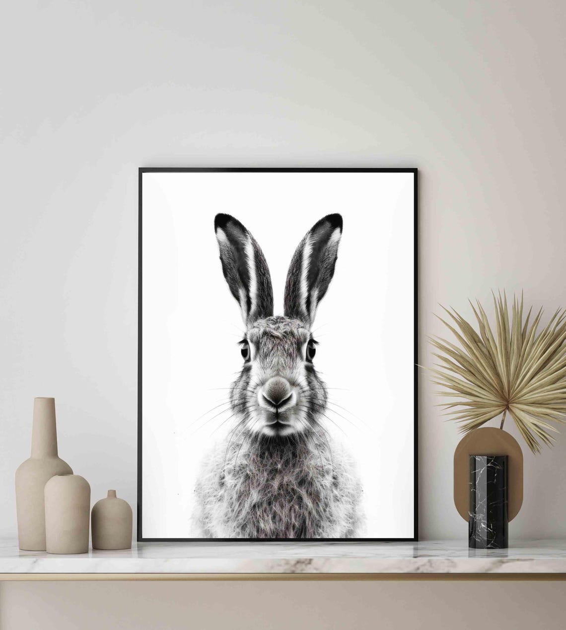 Hare Black and White Front Facing Long Eared Woodland Portrait Poster - Image 4
