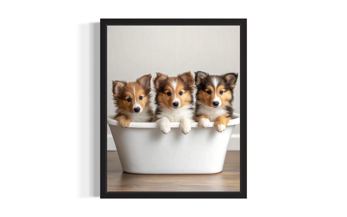 Three Shetland Sheepdog Puppies Bathing In A White Tub Cute Puppy Poster