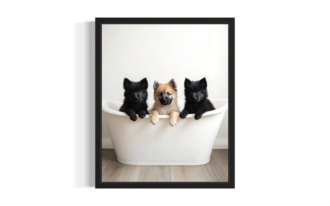 Belgian Sheepdog Puppies In A White Bathtub Bathroom Puppy Poster