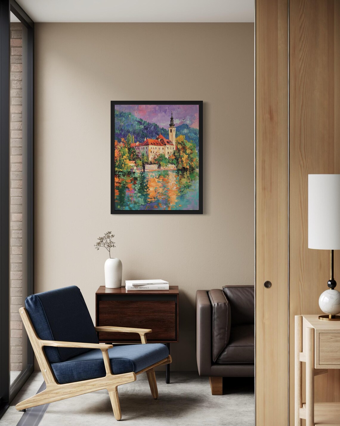 Slovenia Lakeside Church Town at Dusk Monet Style Landscape Poster - Image 2