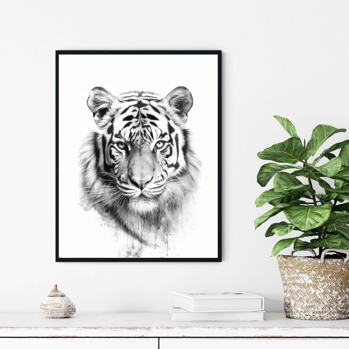 Tiger Black and White Watercolor Wild Big Cat Portrait Poster - Image 4