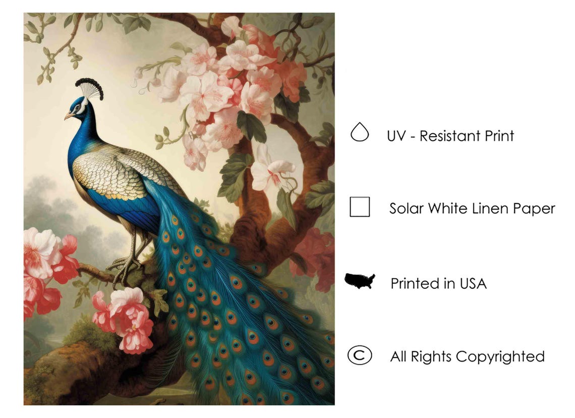 Peacock Perched High in a Flowering Tree Vintage Bird Art Poster - Image 3