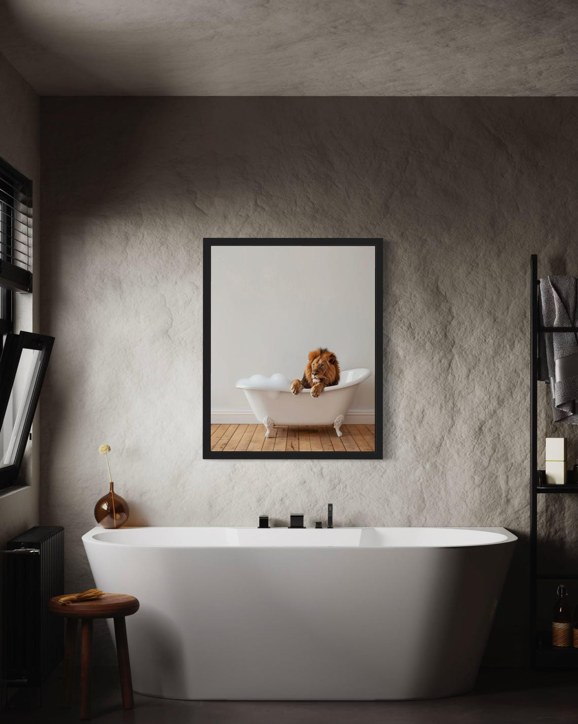 Lion with Mane Lounging in a White Clawfoot Bubble Bath Photo Poster - Image 3