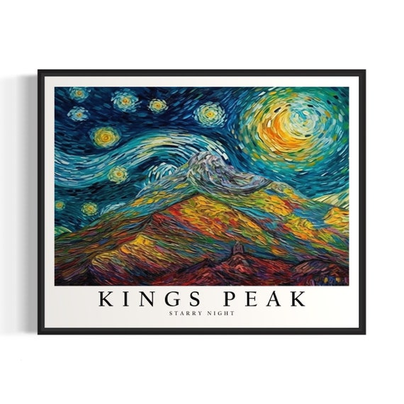 Kings Peak Mountain Starry Night Art Print Van Gogh Style Poster Wall Art Original Painting Decor