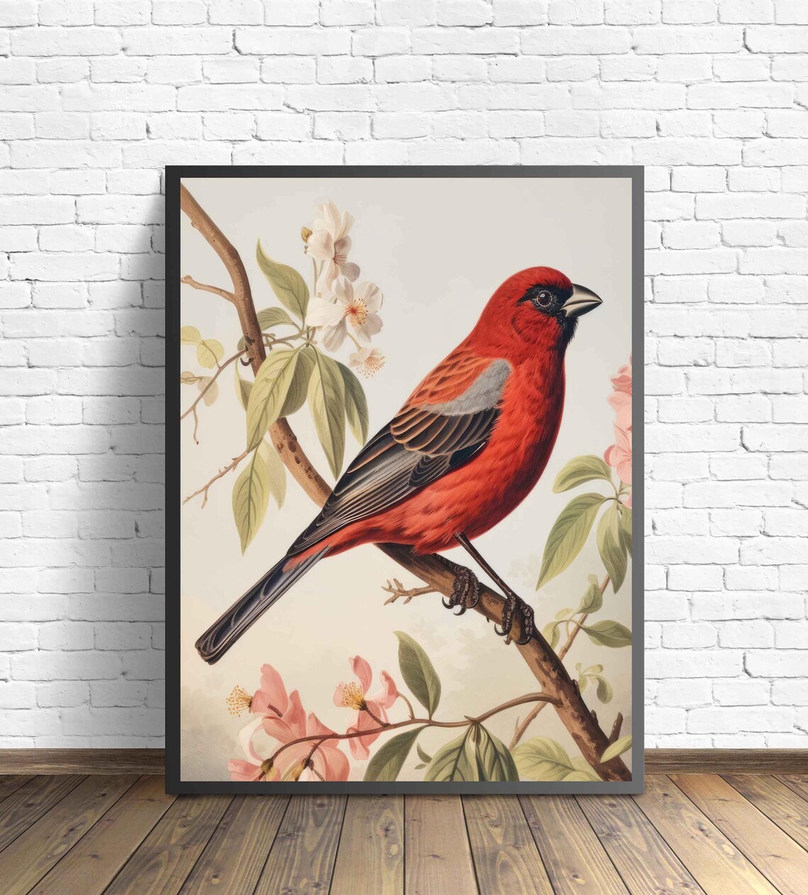 Scarlet Finch on a Blossoming Branch Vintage Bird Art Poster - Image 2
