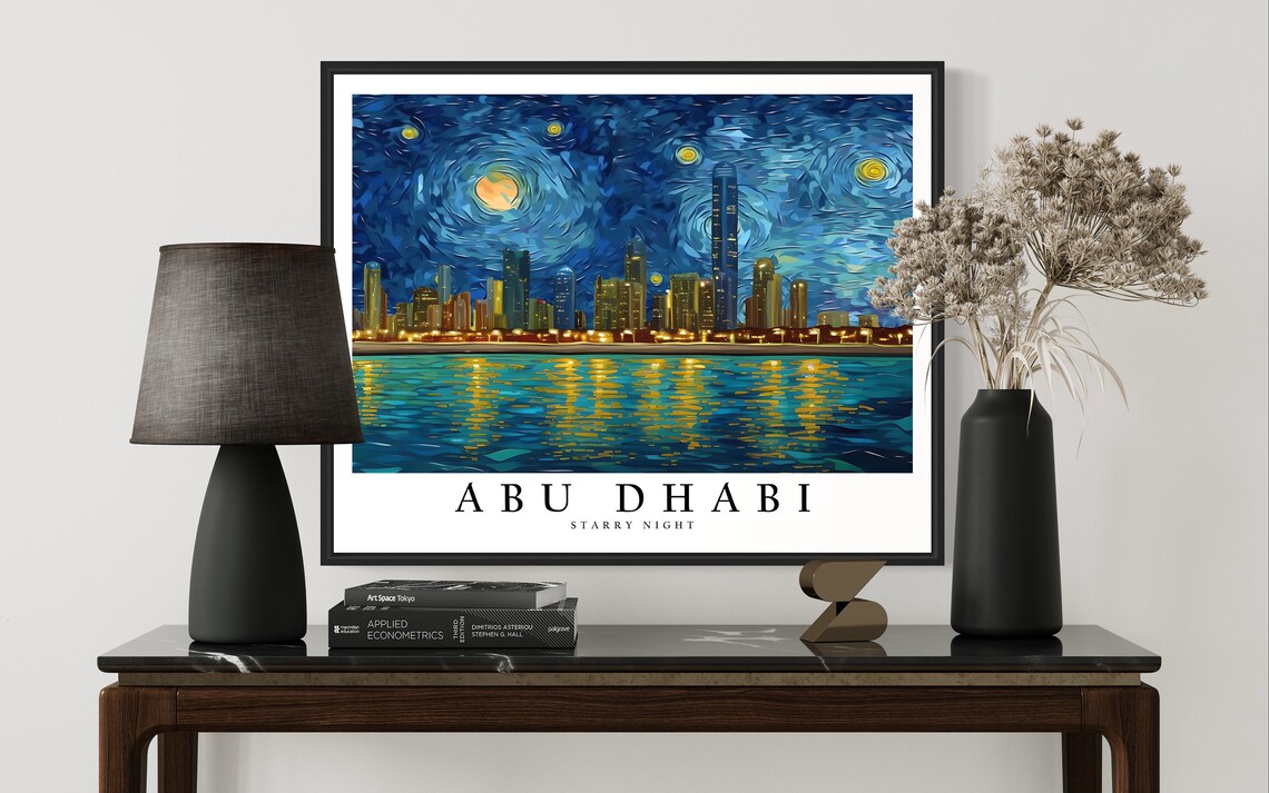 Abu Dhabi UAE Starry Night Waterfront Skyline Moonlit Night Glow Art Poster - Image 3