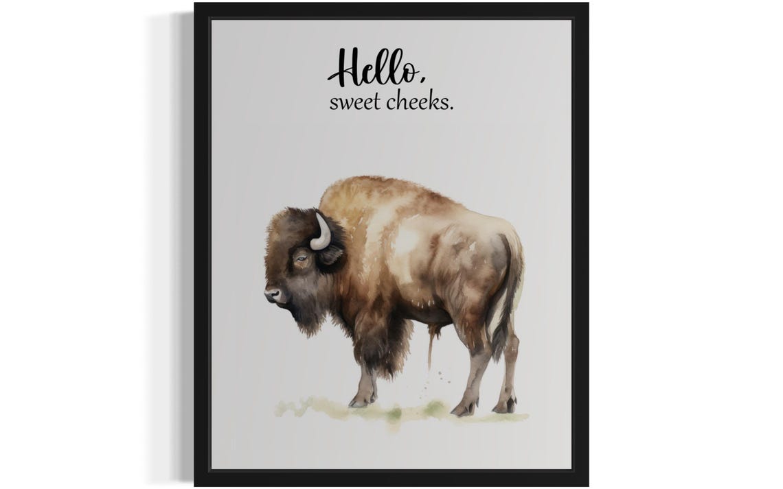Painted Bison Watercolor Hello Sweet Cheeks Funny Bathroom Poster