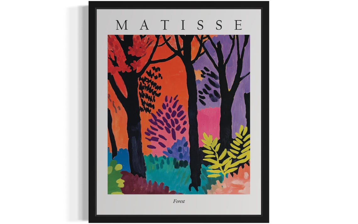 Sunset Forest with Dark Tree Trunks in Matisse Style Art Poster