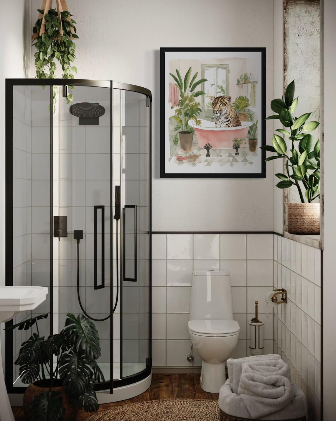 Leopard Relaxing in a Pink Bathtub Whimsical Watercolor Poster - Image 3