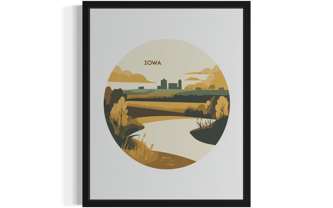 Iowa Golden Farmland River Bend With Distant City Skyline Poster