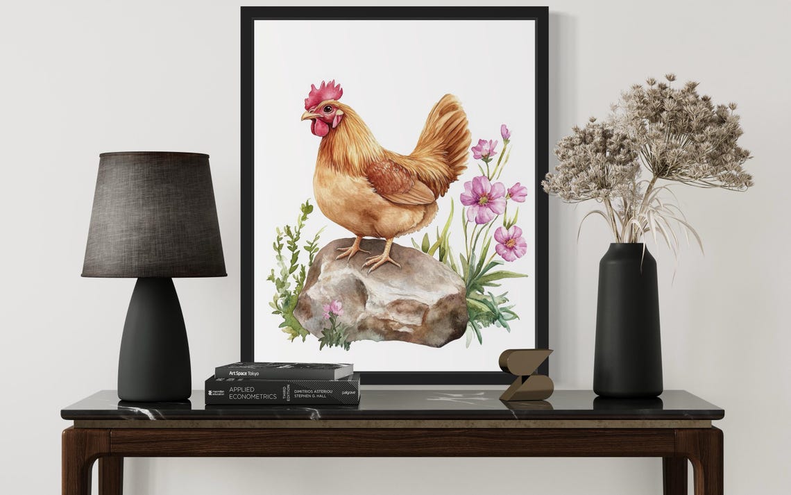 Proud Golden Rooster on Stone with Pink Flowers Watercolor Poster - Image 2