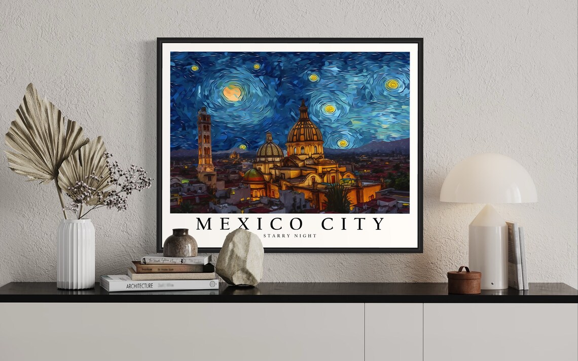 Mexico City Starry Night Cathedral Domes Old Town Art Poster - Image 2