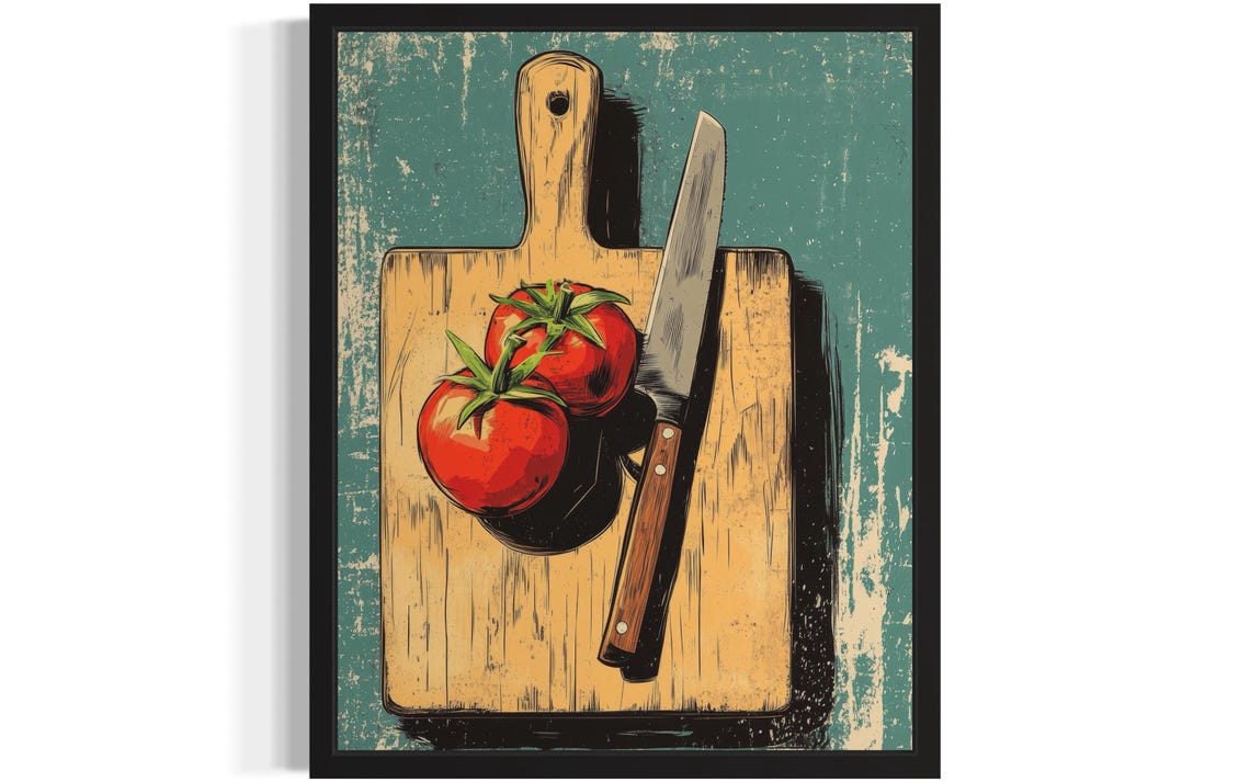 Ripe Tomatoes And Chef Knife On Board Vintage Pop Art Poster