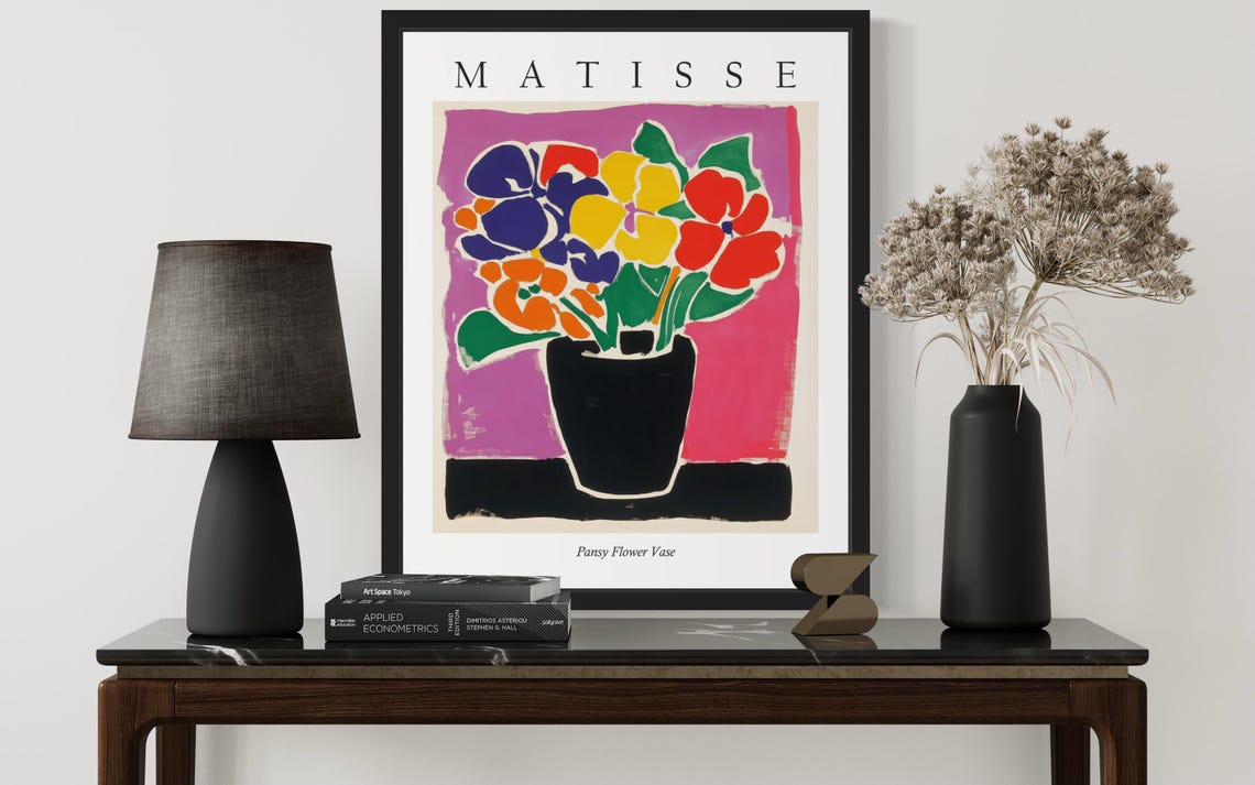 Pansy Flower Vase in Black Vase Against Magenta Matisse Poster - Image 3