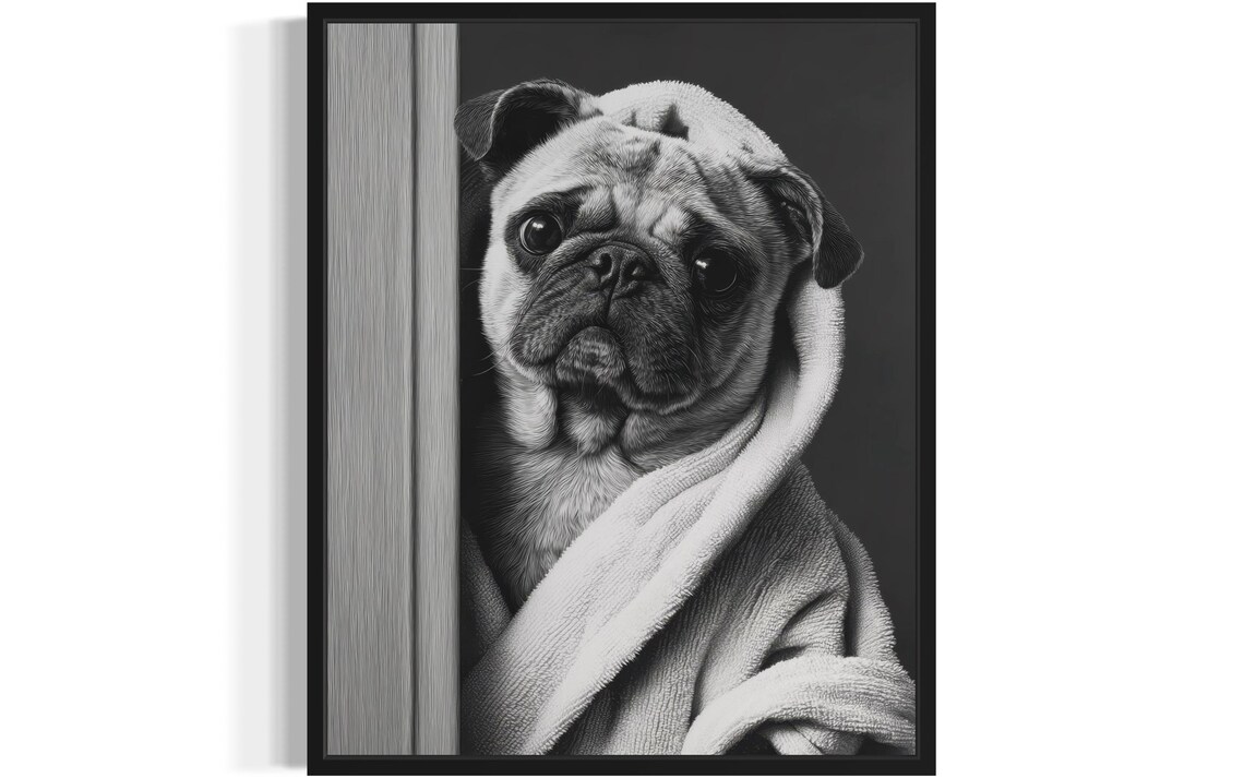 Pug Bathrobe Peeking Funny Cute Wrinkled Dog Bathroom Art Poster