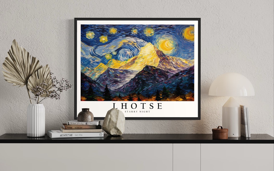 Lhotse Starry Night Golden Himalayan Summit Pines View Poster - Image 2
